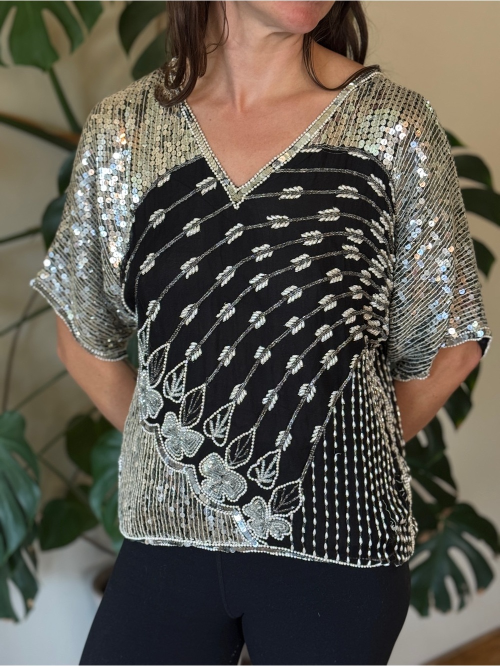Vintage Beaded Silk Trophy Top Sz S Silver Sequin Butterfly Dolman Sleeve